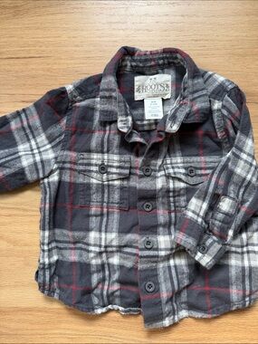 Roots Dark Gray, White & Red Plaid Flannel Button-Up Shirt Baby Sz 6-12 mos